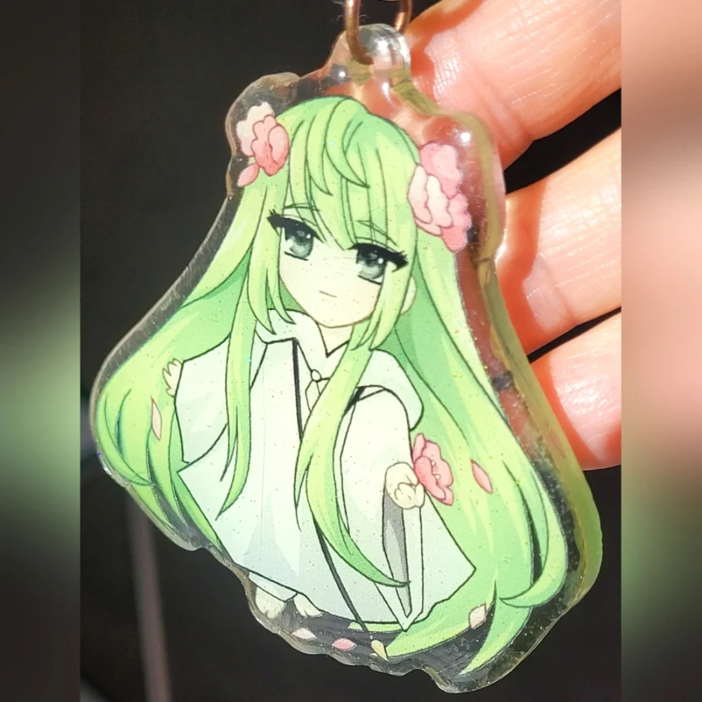 Green Anime Glittered Doubled Sided Holo Keychain with Star Clip
